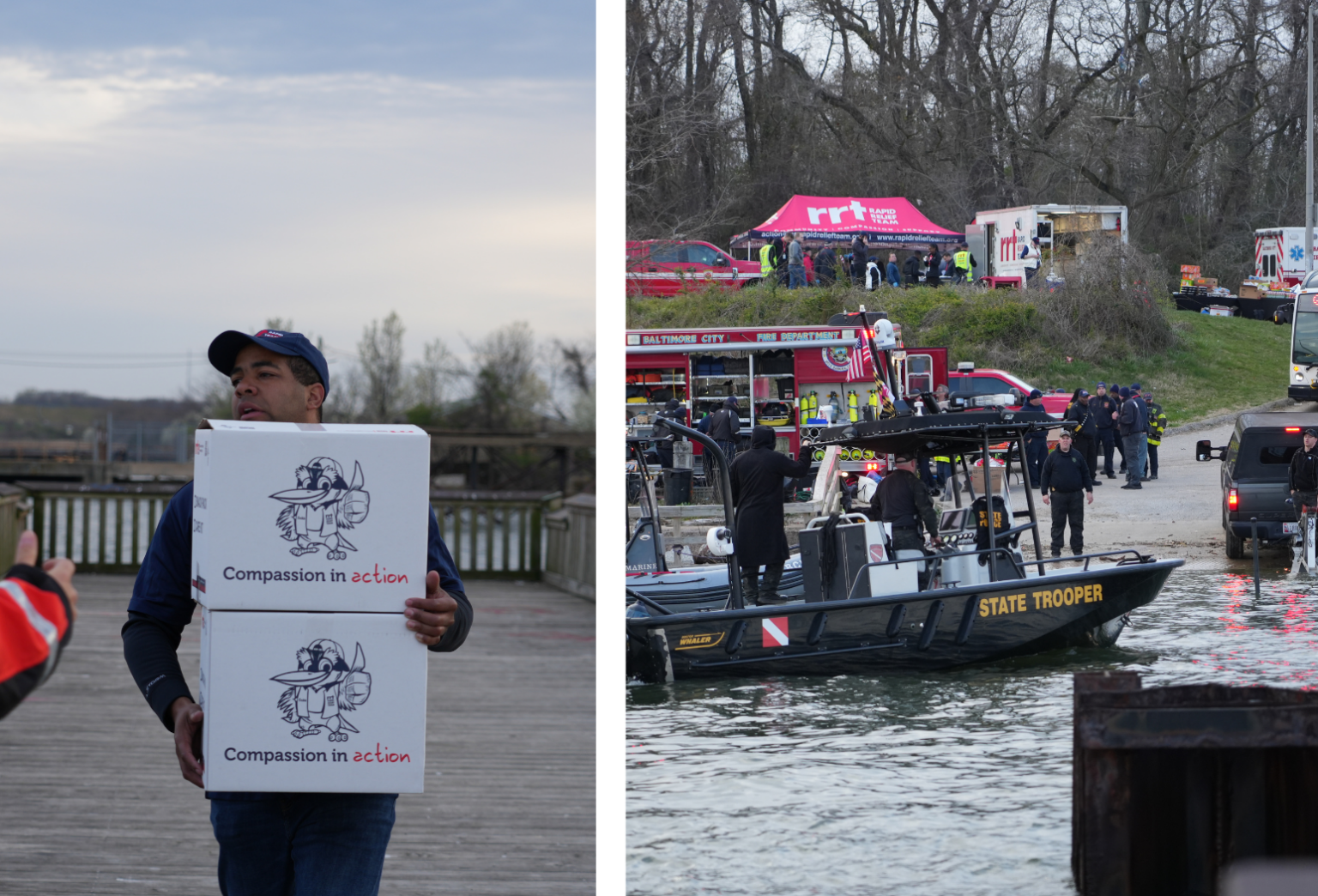 Man holding compassion in action boxes and people on boat with RRT
